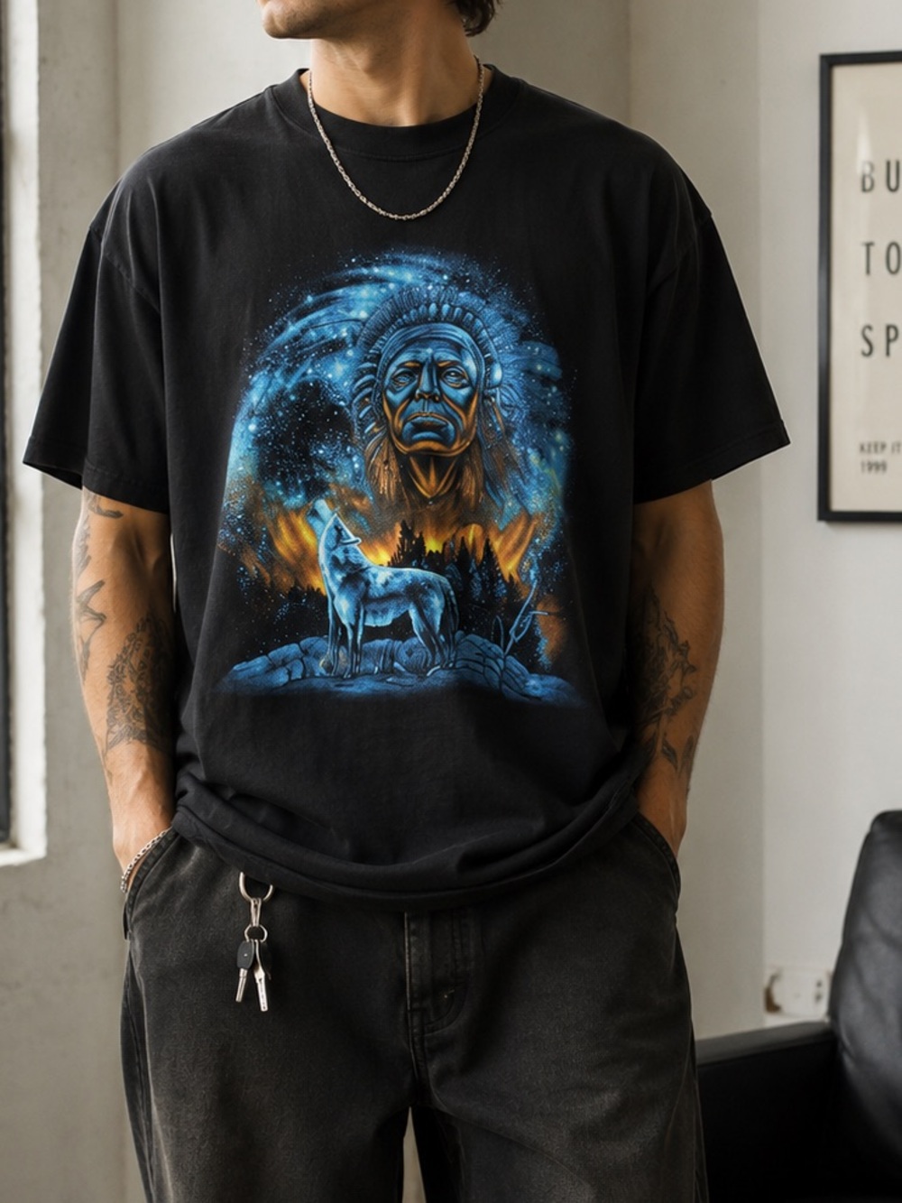 Y2K Wolf Native American Graphic T Shirt Delta Pro Weight Size 2XL